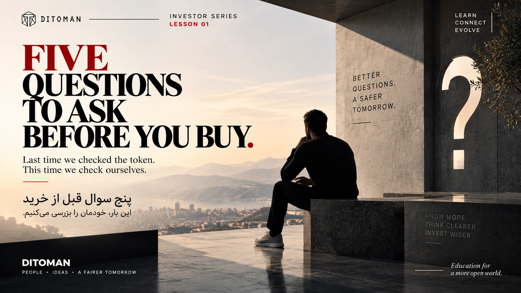 A notebook listing five questions to ask before buying any crypto asset